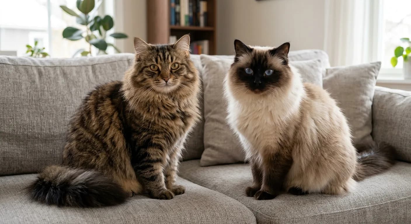 A brown tabby non-pointed Ragamuffin with green-gold eyes sitting beside a seal-point Ragdoll with a pale body, dark points, and blue eyes