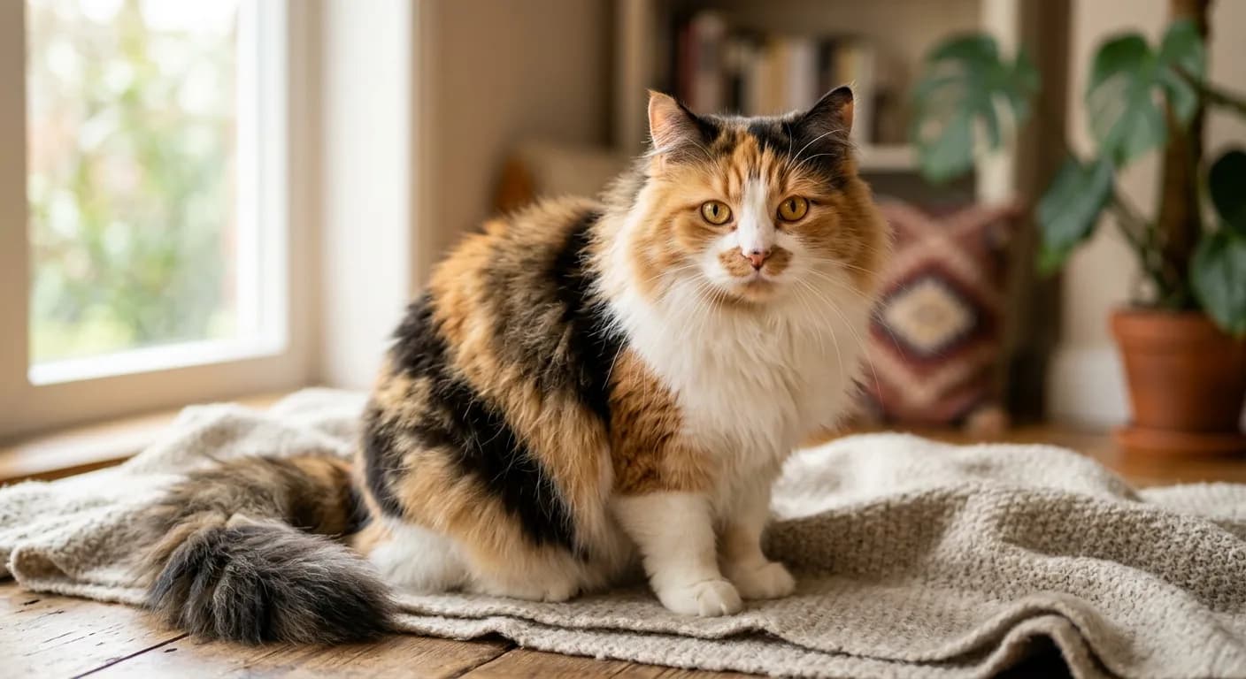 A calico non-pointed Ragamuffin cat with white, black, and orange fur and warm gold eyes