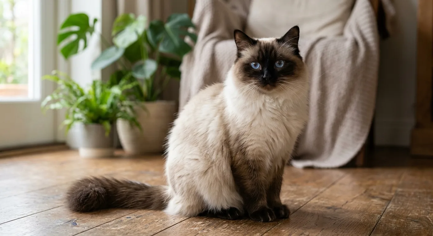 A seal-point Ragdoll cat with a pale cream body, dark brown points on the face, ears, legs and tail, and vivid blue eyes