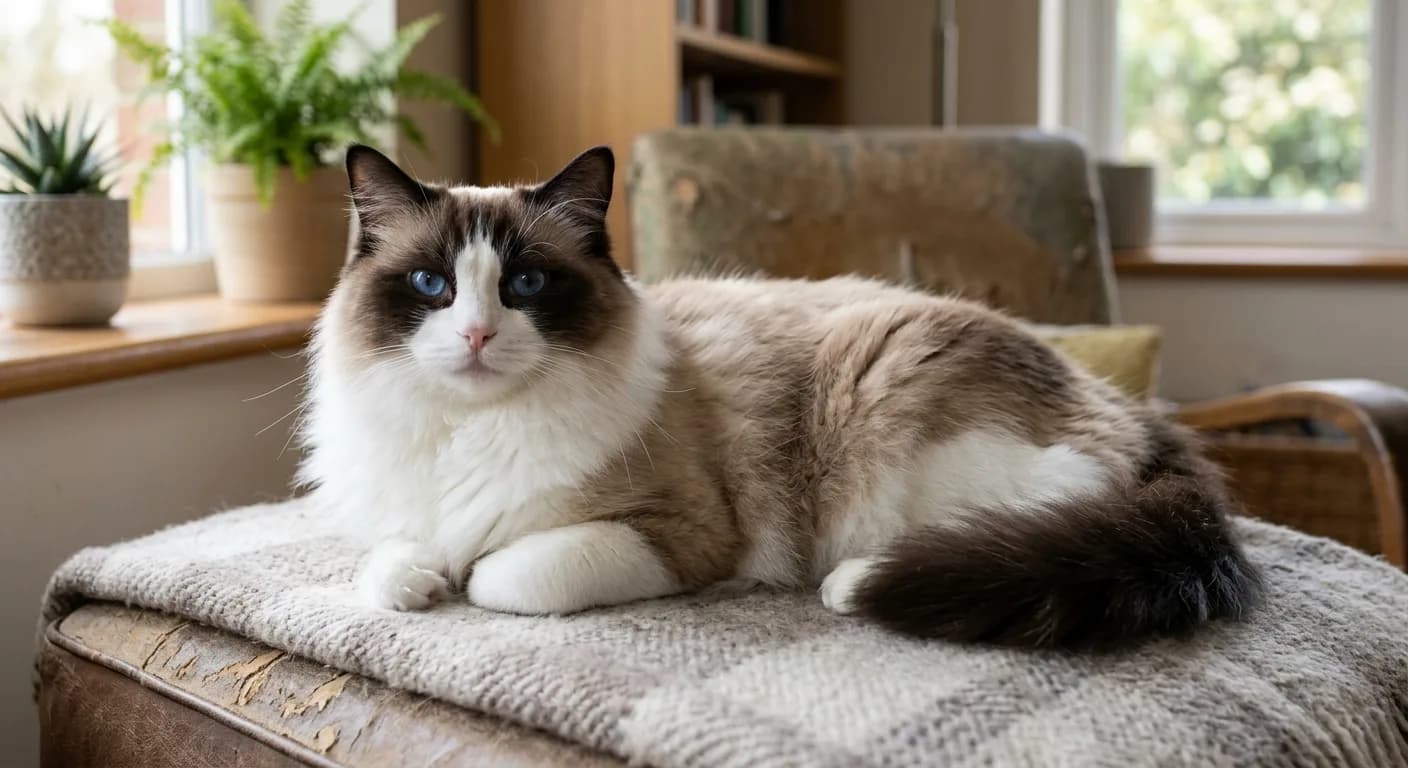 Bicolor Ragdoll cat with an inverted white V on the face, white legs, white underside, and a colored saddle, with deep blue eyes