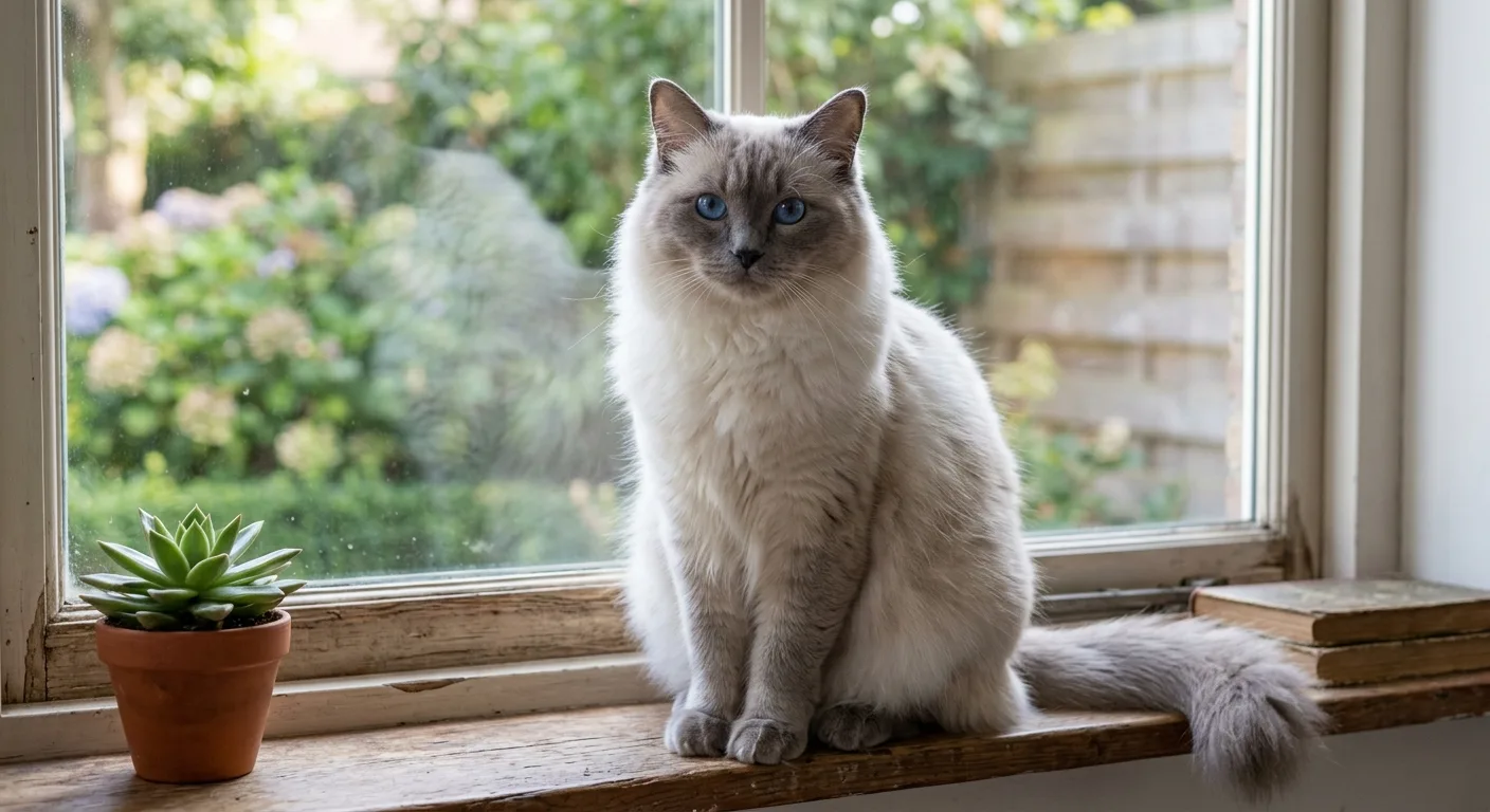 Blue point Ragdoll cat with grayish-blue points and bright blue eyes sitting upright on a windowsill