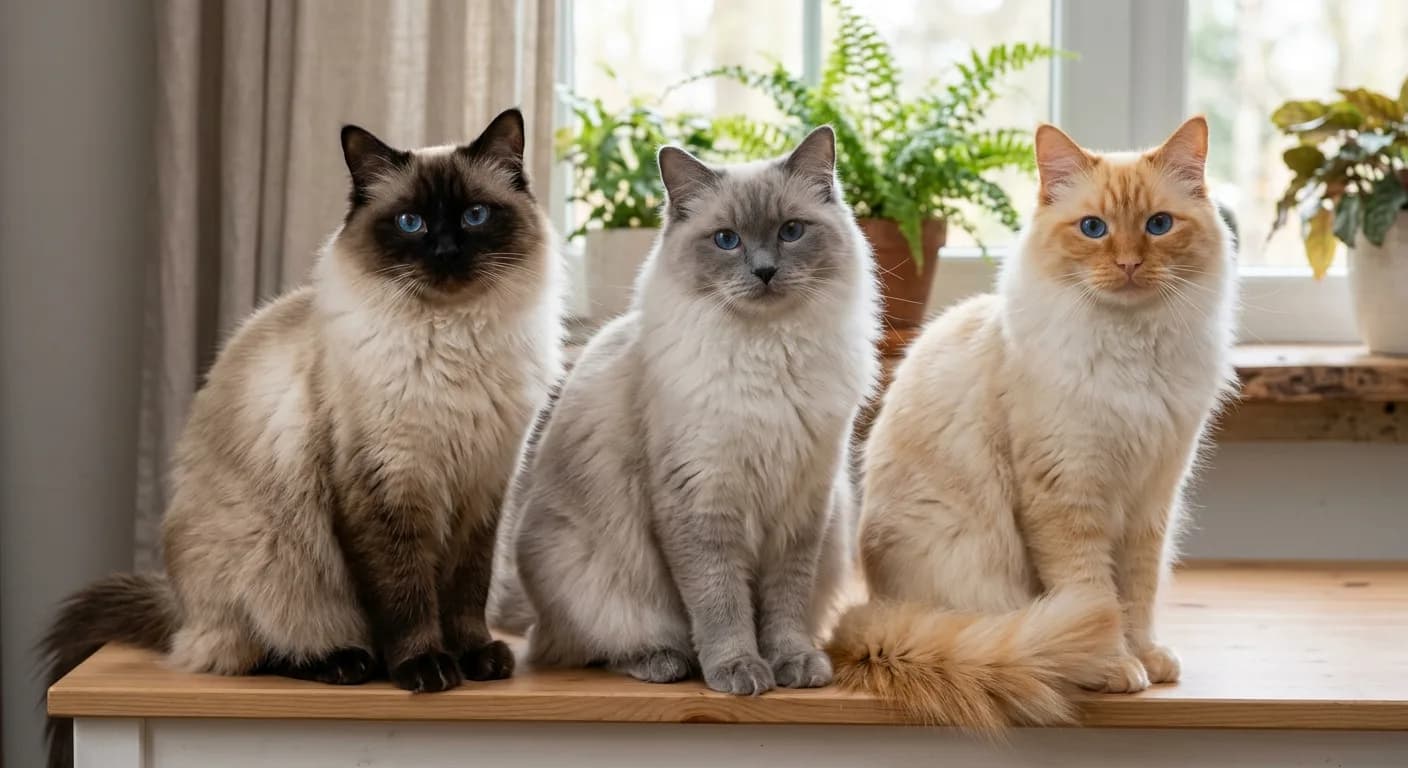 Three Ragdoll cats side by side showing seal point, blue point, and flame point coloring, all with deep blue eyes
