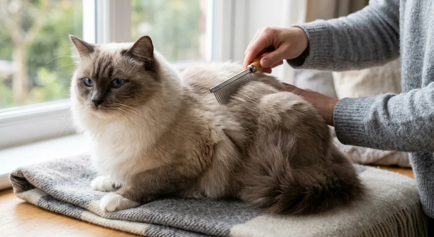 Person gently brushing a Ragdoll cat's plush semi-long coat with a grooming comb, no human face visible