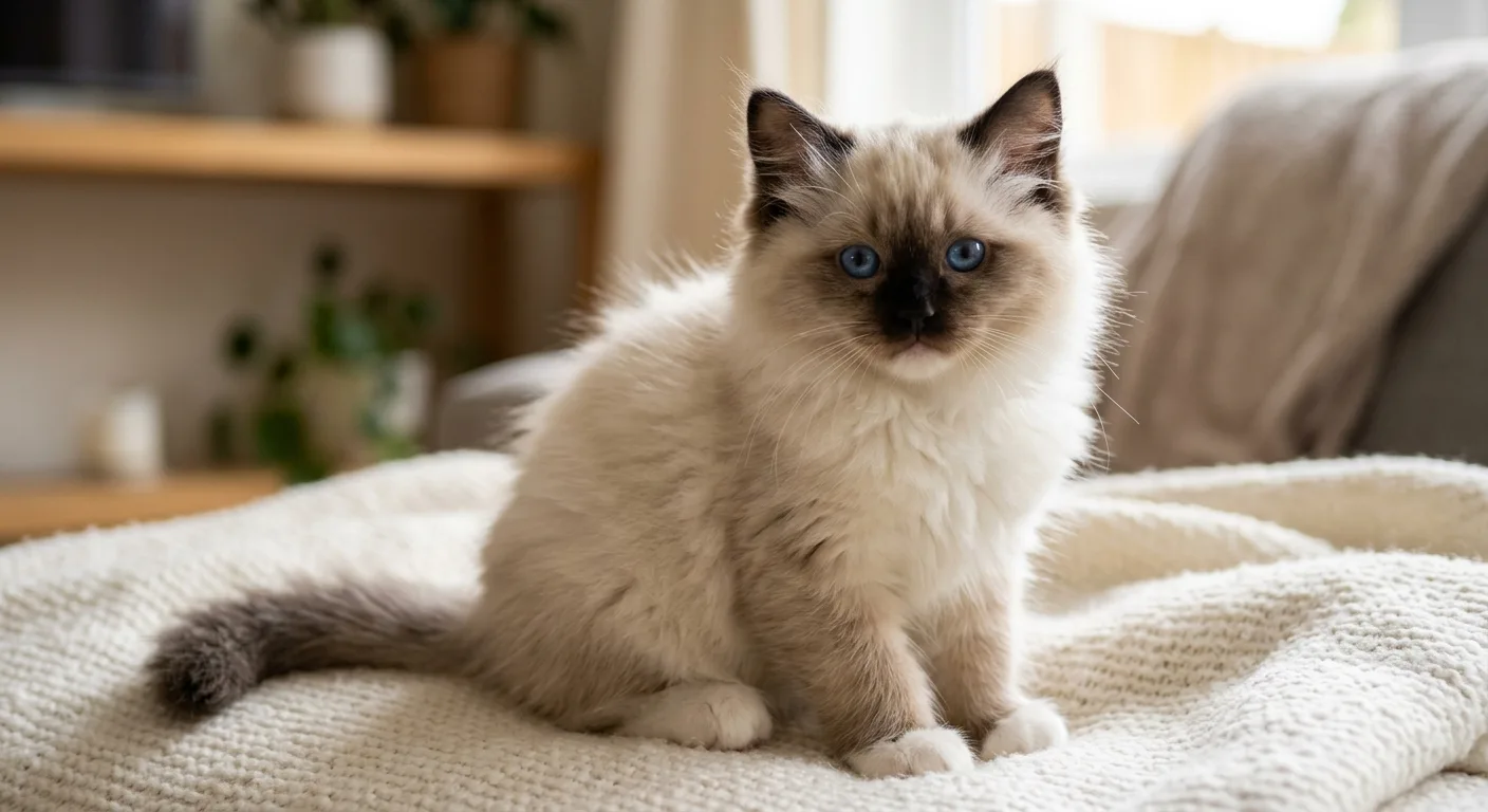 Fluffy Ragdoll kitten with developing seal points and bright blue eyes sitting on a soft surface