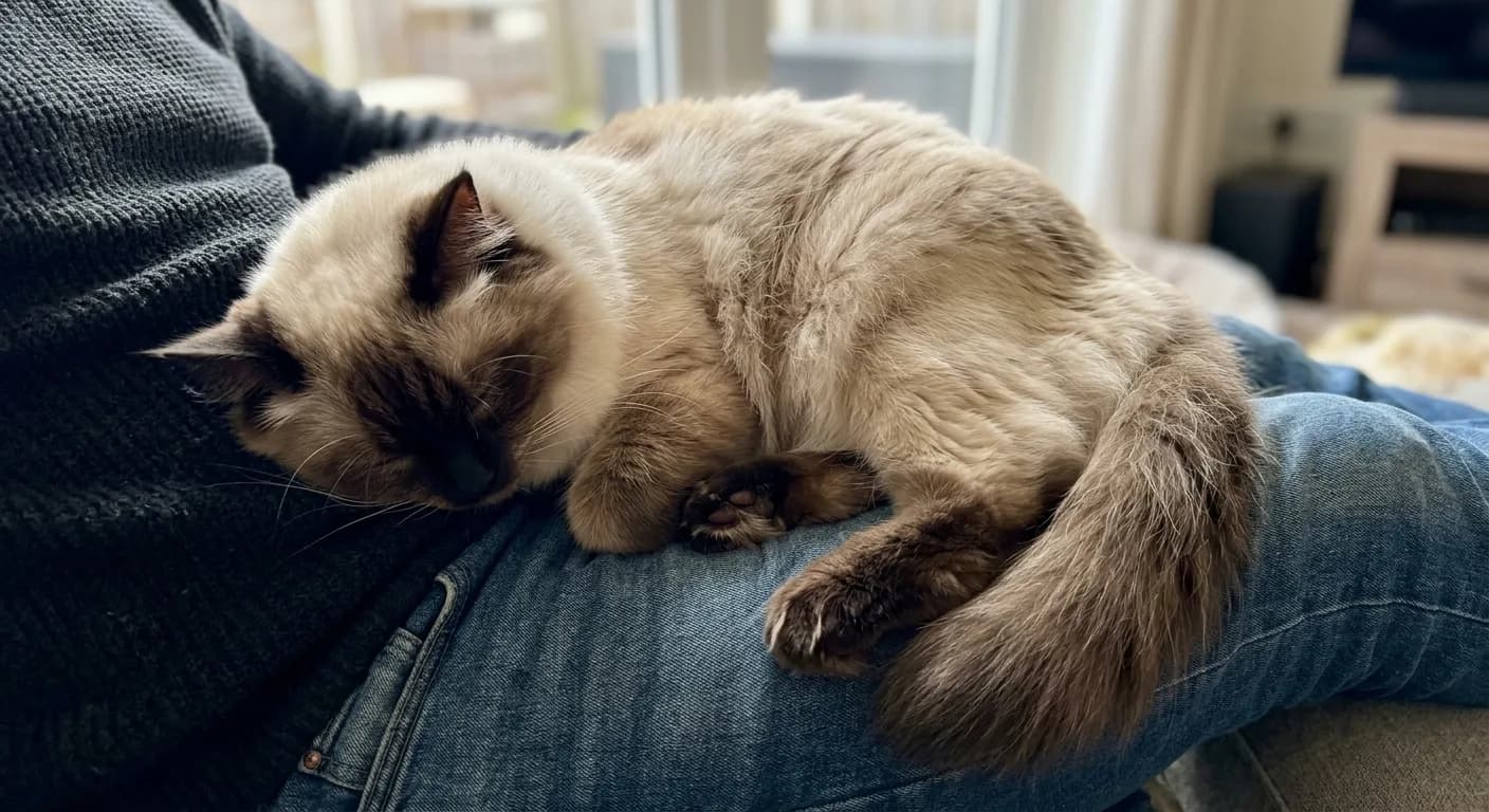 Affectionate Ragdoll cat curled up and relaxed on a person's lap, no human face visible, showing the breed's docile cuddly nature