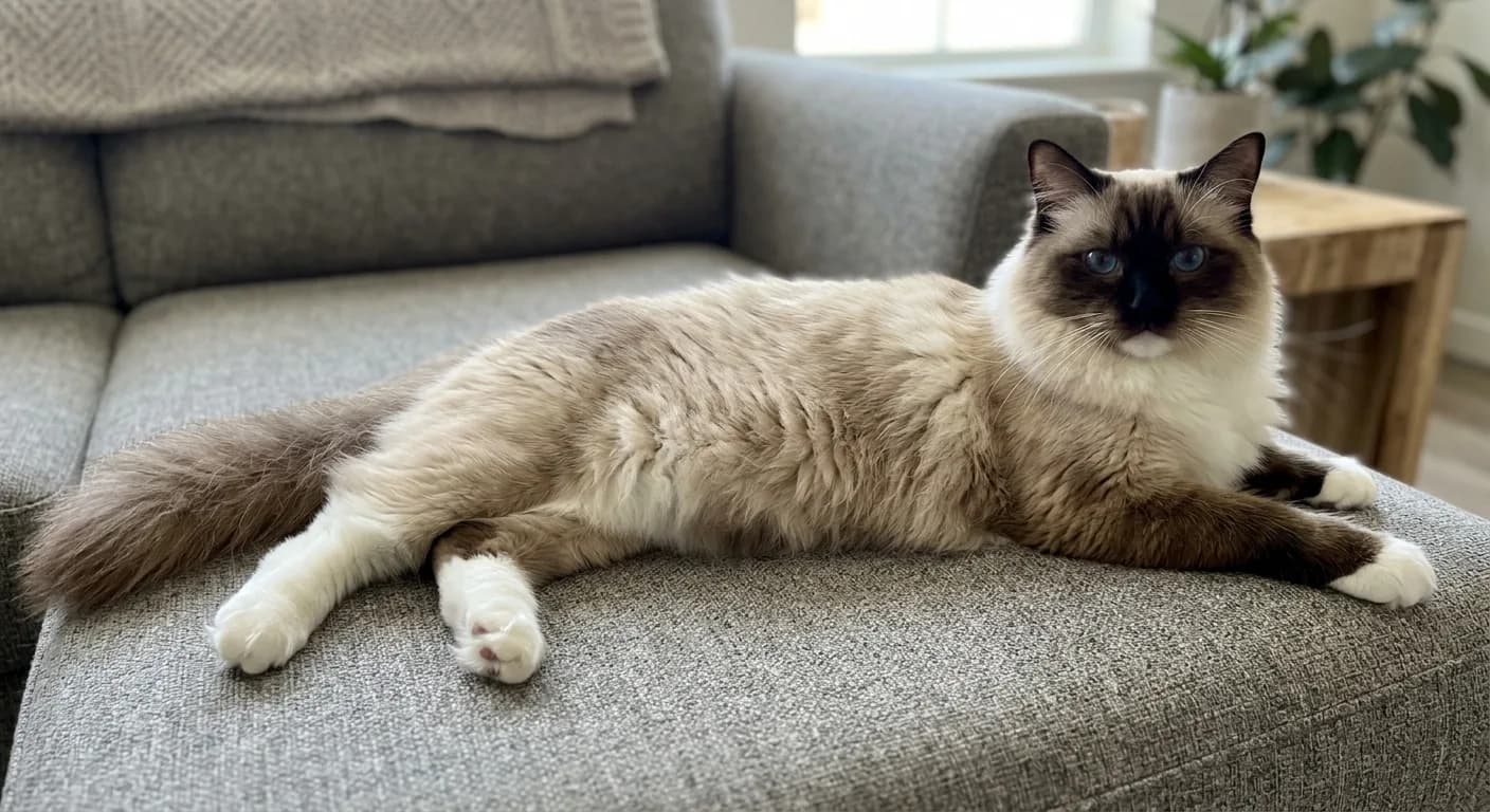 Large adult Ragdoll cat stretched out at full length on a sofa showing the breed's long, substantial body and plumed tail