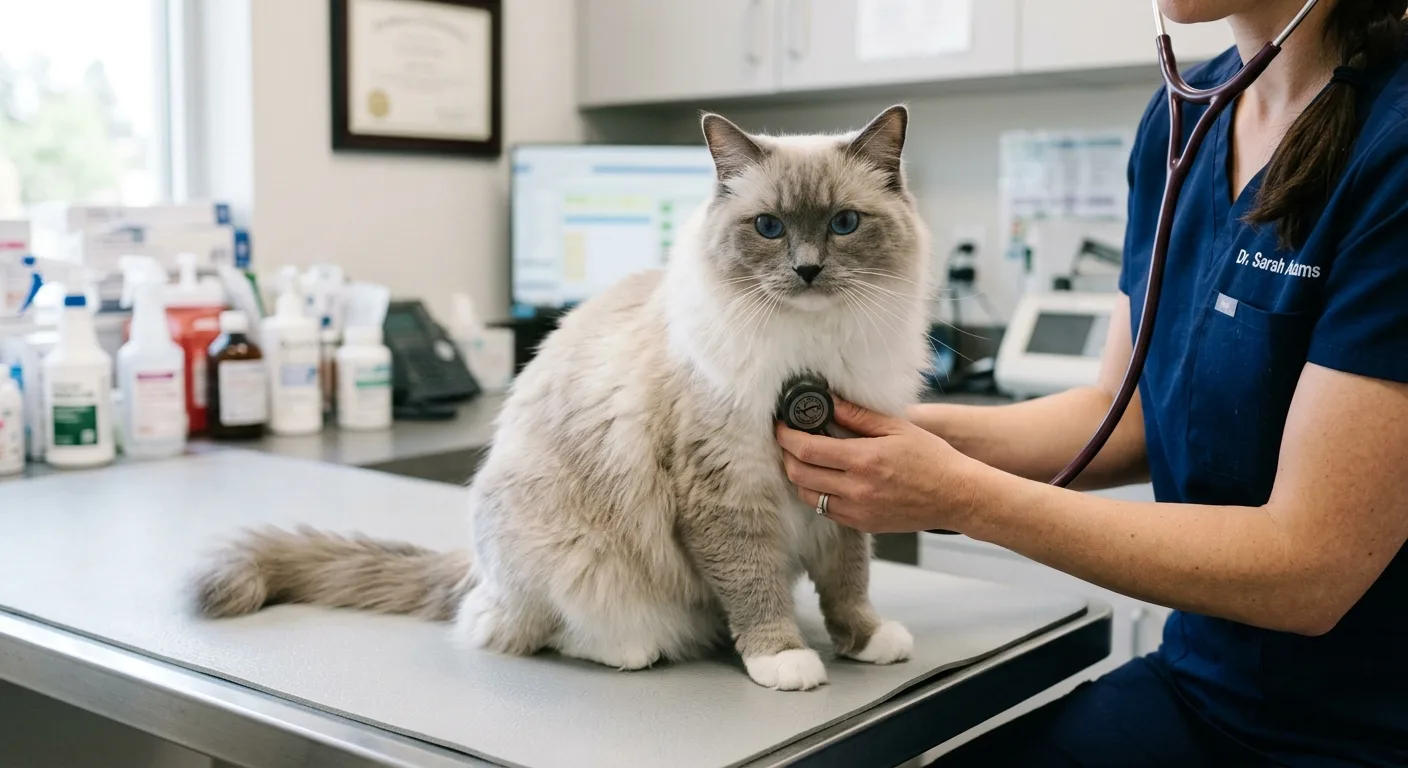 Veterinarian using a stethoscope to listen to a calm Ragdoll cat's heart during a checkup, no human face visible