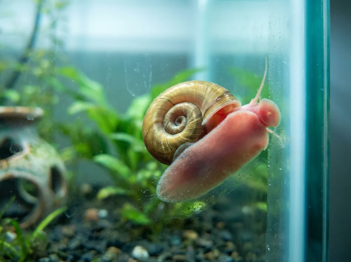 A pink-bodied ramshorn snail gliding up the front glass of an aquarium with its spiral shell in profile.