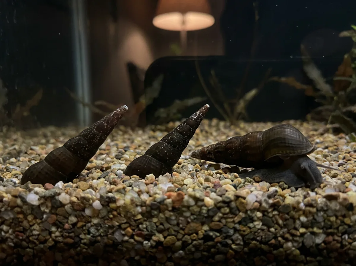Three Malaysian trumpet snails with dark conical shells emerging from gravel in a dim aquarium.
