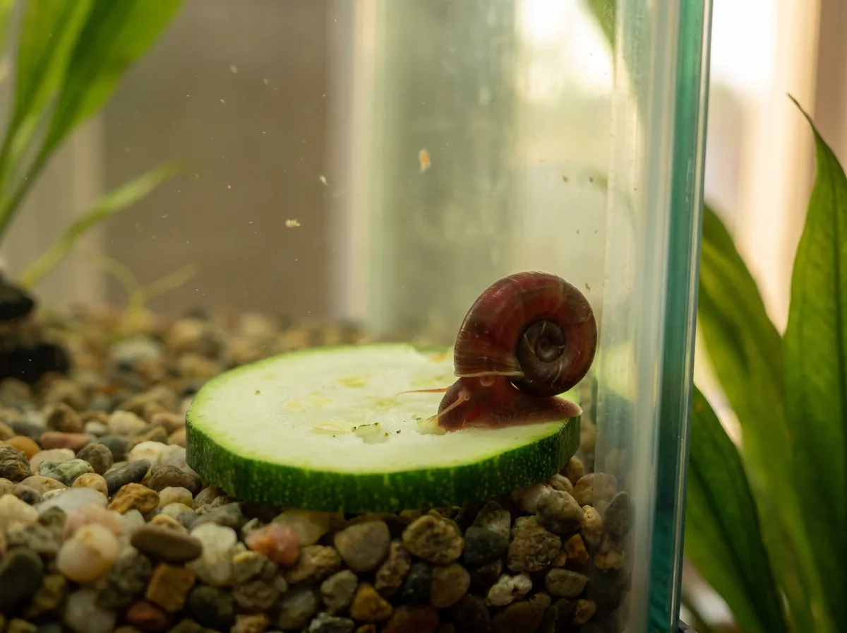 A red ramshorn snail grazing on a slice of blanched zucchini resting on aquarium gravel.