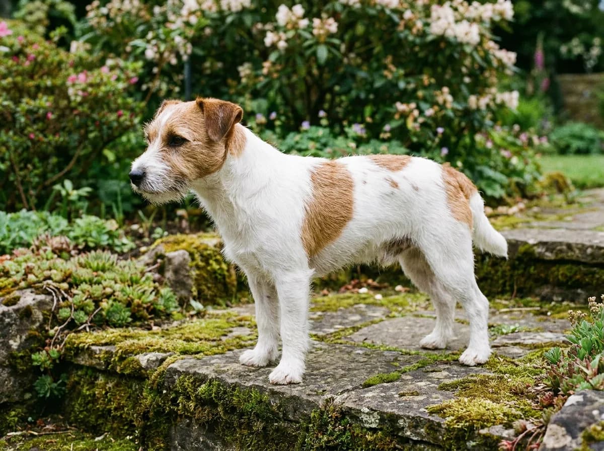 White-and-tan Jack Russell Terrier with a textured coat and folded ears standing on stone.