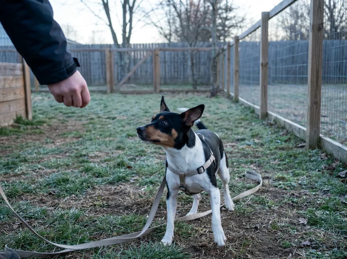 Tricolor Rat Terrier in a harness looking toward a handler's hand inside a fenced area.