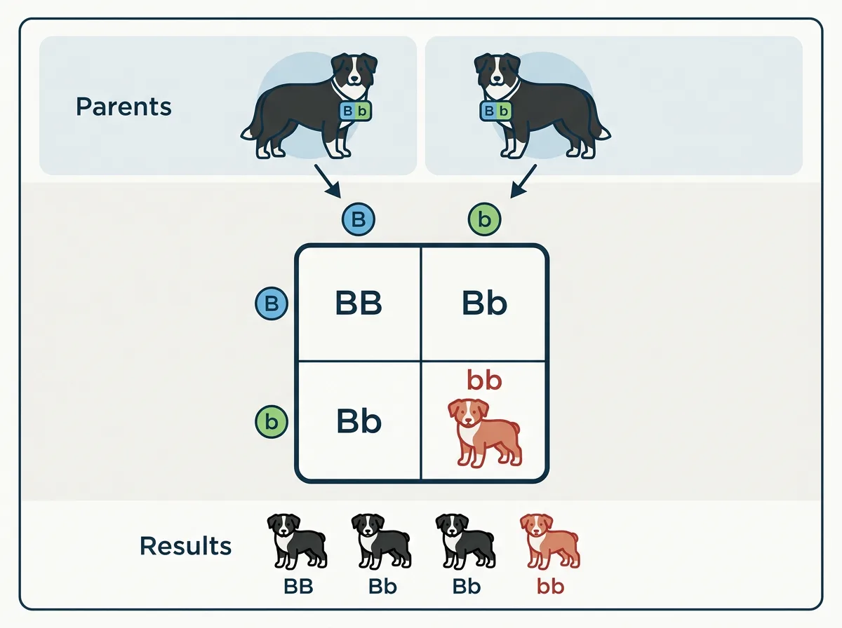 Simple flat infographic diagram showing the red Australian Shepherd color inheritance, black B dominant over red b, two carriers producing a red puppy