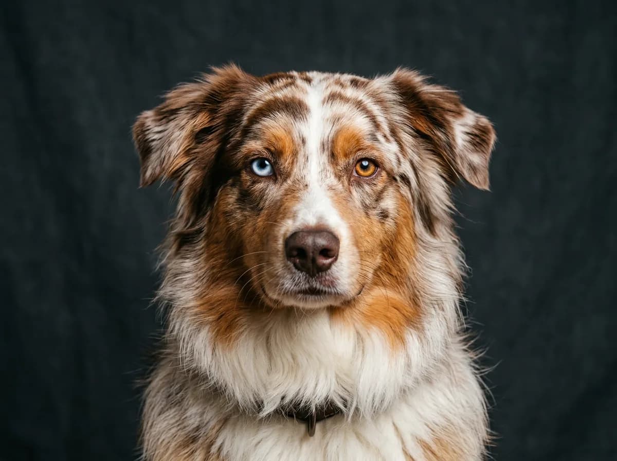 Head-and-shoulders studio portrait of a red merle Australian Shepherd with heterochromia, one blue eye and one amber eye, marbled liver coat, dark neu