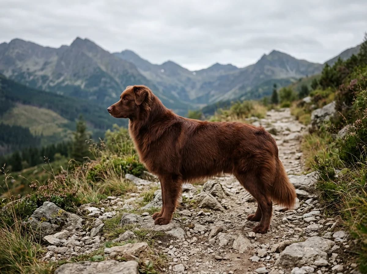 A solid red (liver) Australian Shepherd standing on a rocky trail with no white or copper markings, full-body profile view, overcast diffuse daylight,