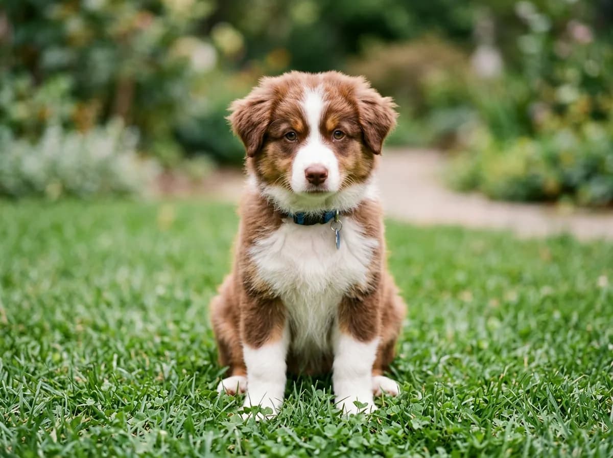 A red tri Australian Shepherd puppy sitting on green grass, copper eyebrow points and white chest blaze visible, soft natural light, eye-level close p