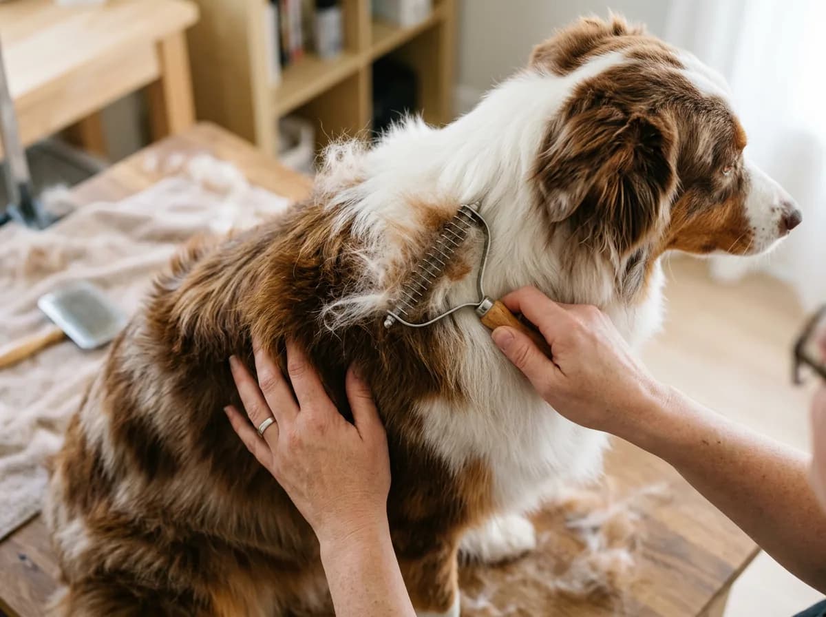 Owner's hands brushing the thick red-and-white double coat of a red tri Australian Shepherd with an undercoat rake, loose fur visible, bright indoor g