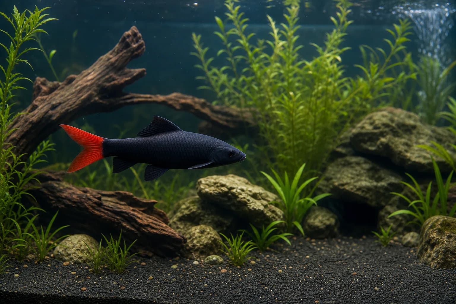 A red-tailed black shark swimming in a spacious planted freshwater aquarium with caves and open swimming room