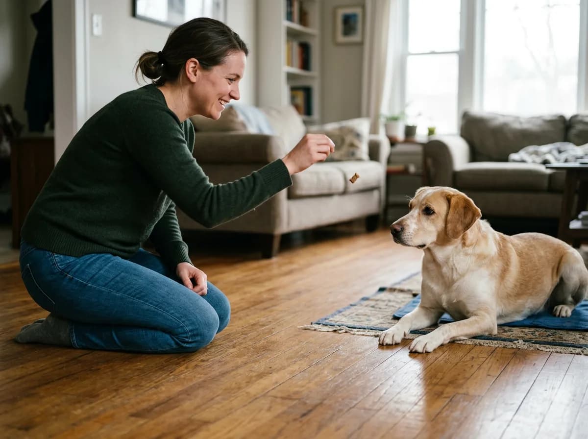 a person kneeling and tossing a treat toward a relaxed medium-sized dog several feet away on a wood floor, dog's ears soft and body loose, counter-con