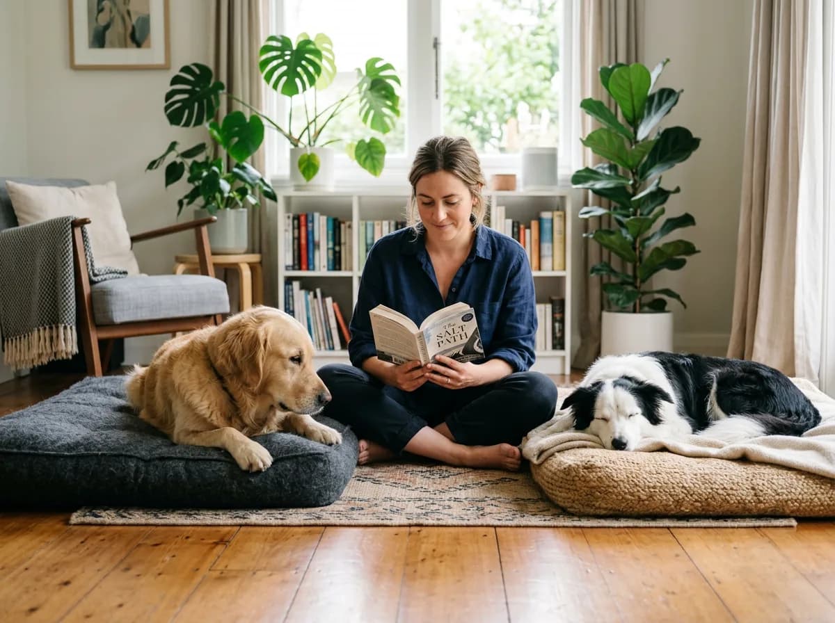 two dogs lying calmly on separate dog beds a few feet apart in a bright living room, a person sitting between them reading, peaceful multi-dog househo