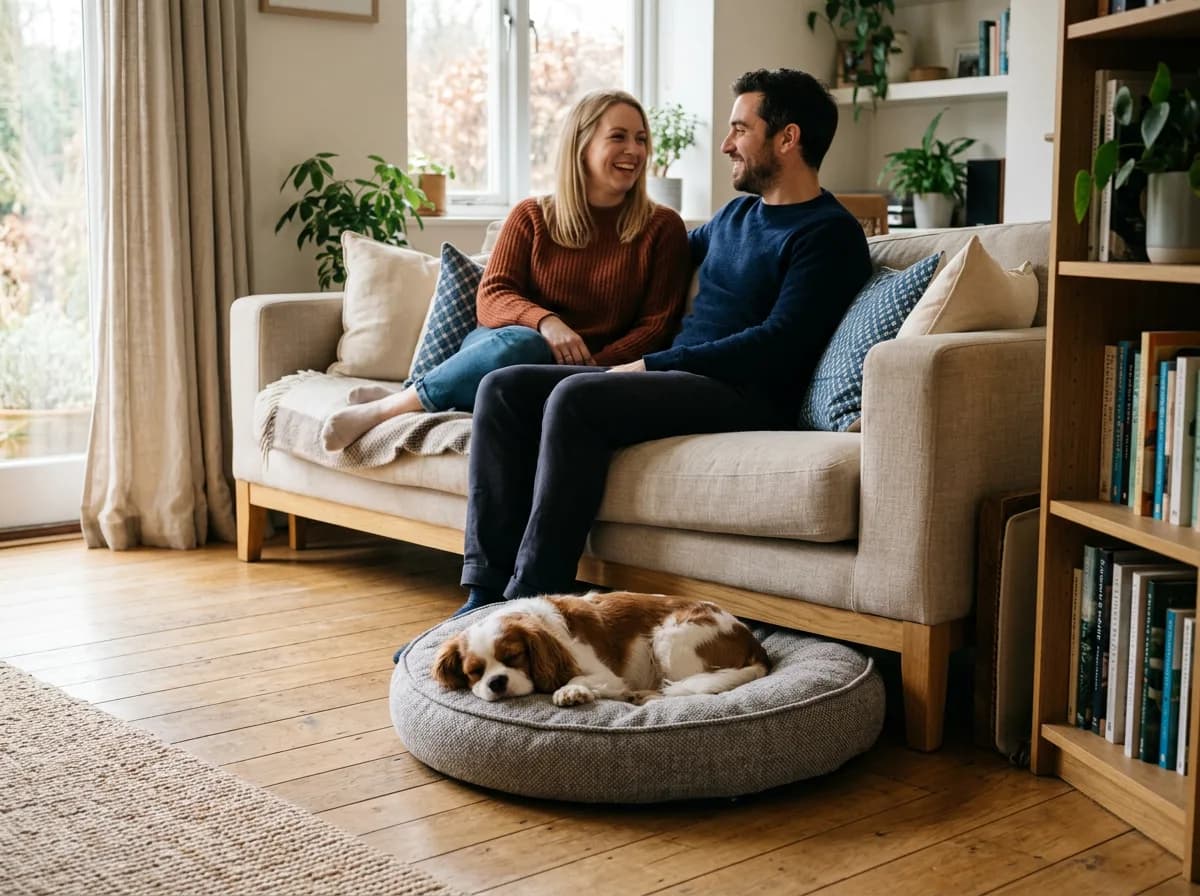 a small dog settled on its own floor bed beside a couch while a couple sits together above, dog relaxed and not guarding, clear furniture boundary