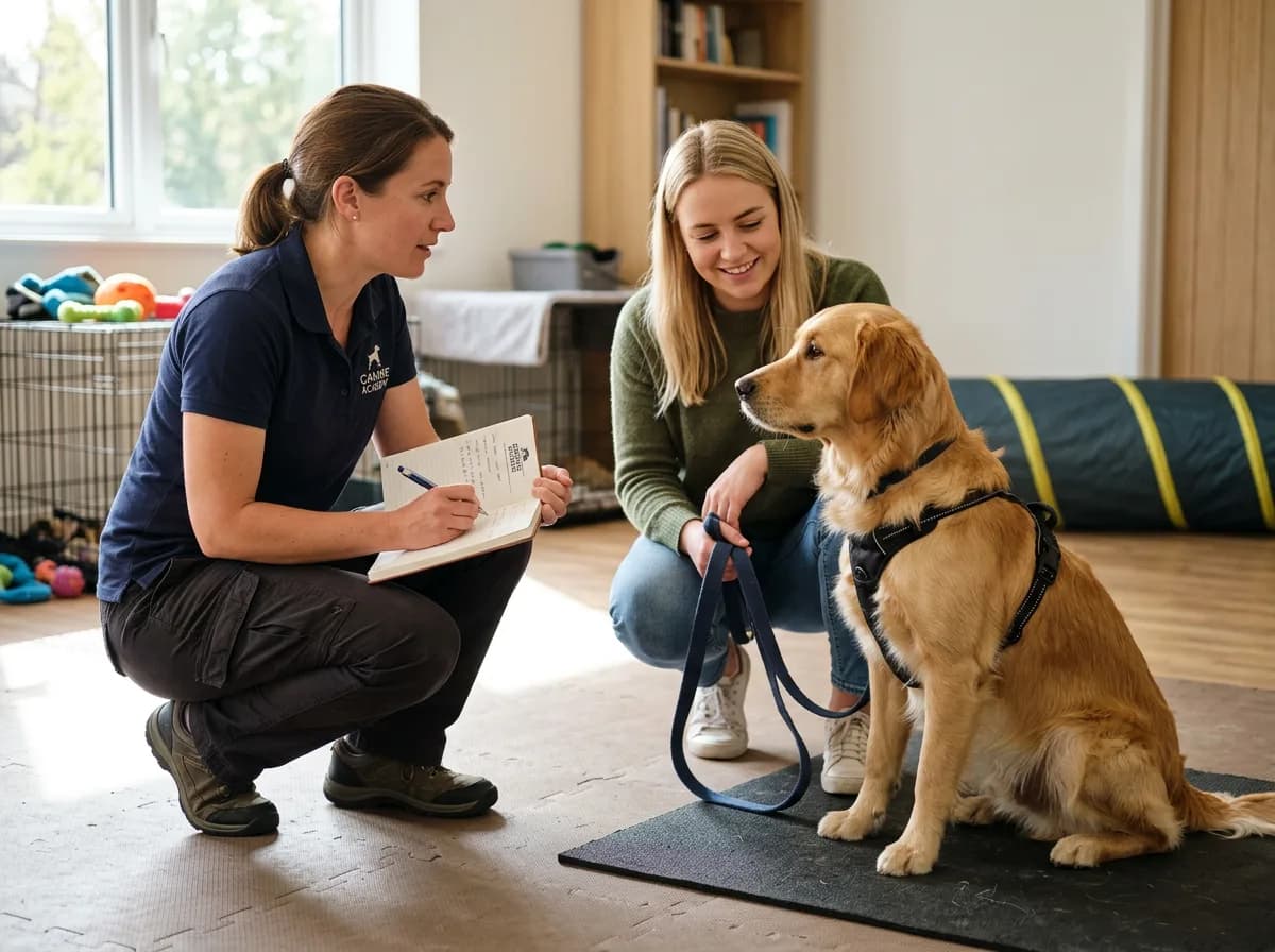 a certified dog trainer crouched beside an owner and a leashed dog in a calm indoor session, notebook in hand, professional behavior consultation