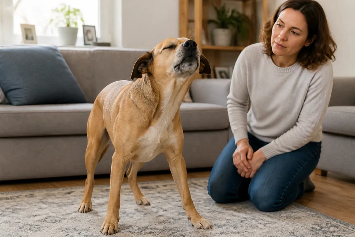 Dog showing a neck-extended posture and closed-mouth snorting during a reverse-sneezing episode while its owner watches calmly