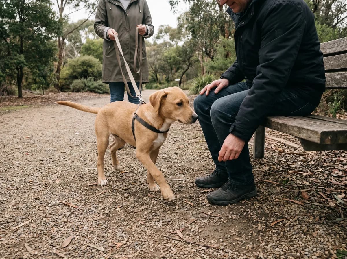 Tan dog in a harness approaches a seated adult during a supervised introduction while a second adult holds the leash