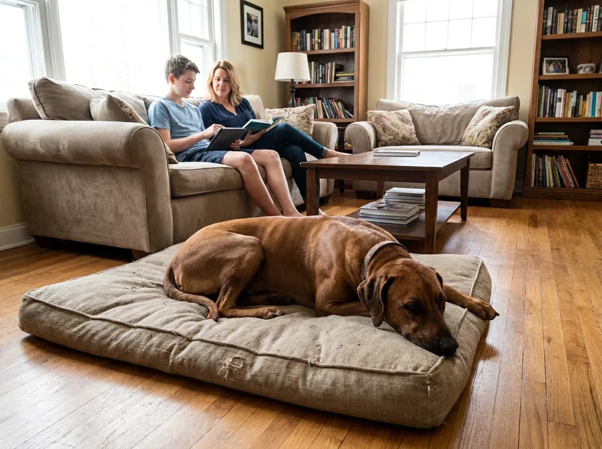 Rhodesian Ridgeback resting on a large dog bed near two people on a sofa.