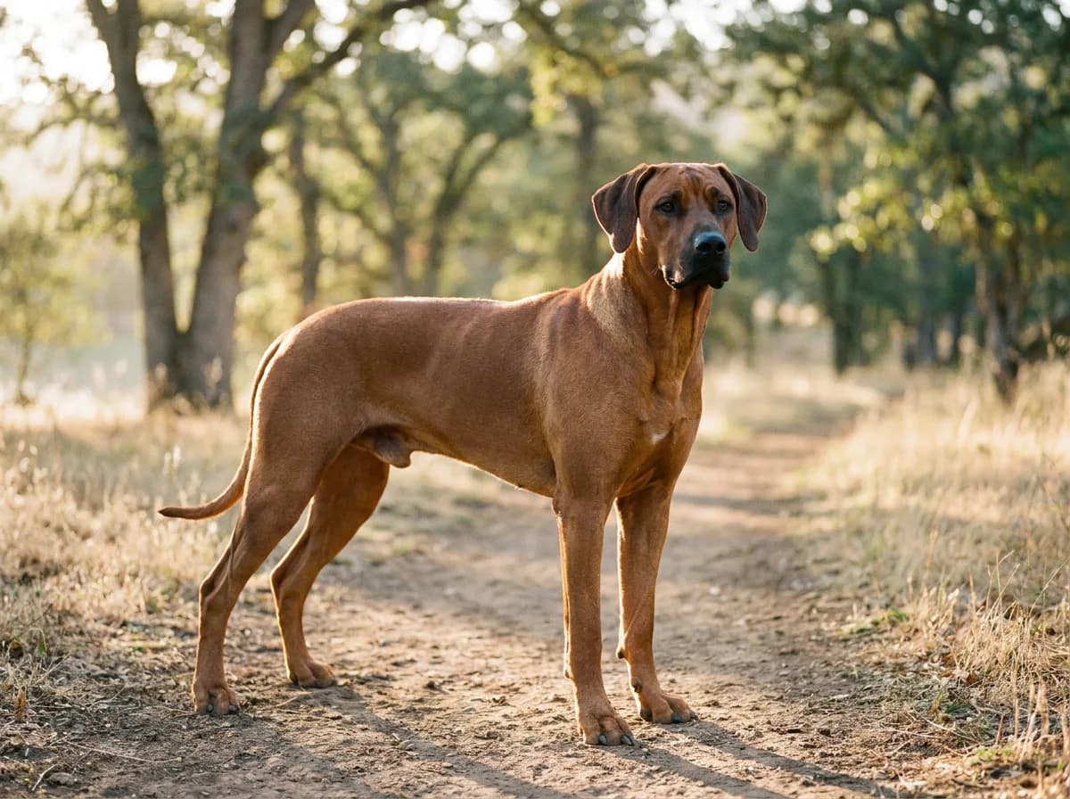 Wheaten Rhodesian Ridgeback standing on a woodland path.