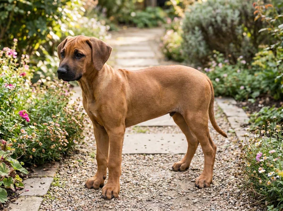 Wheaten Rhodesian Ridgeback puppy standing on a garden path.