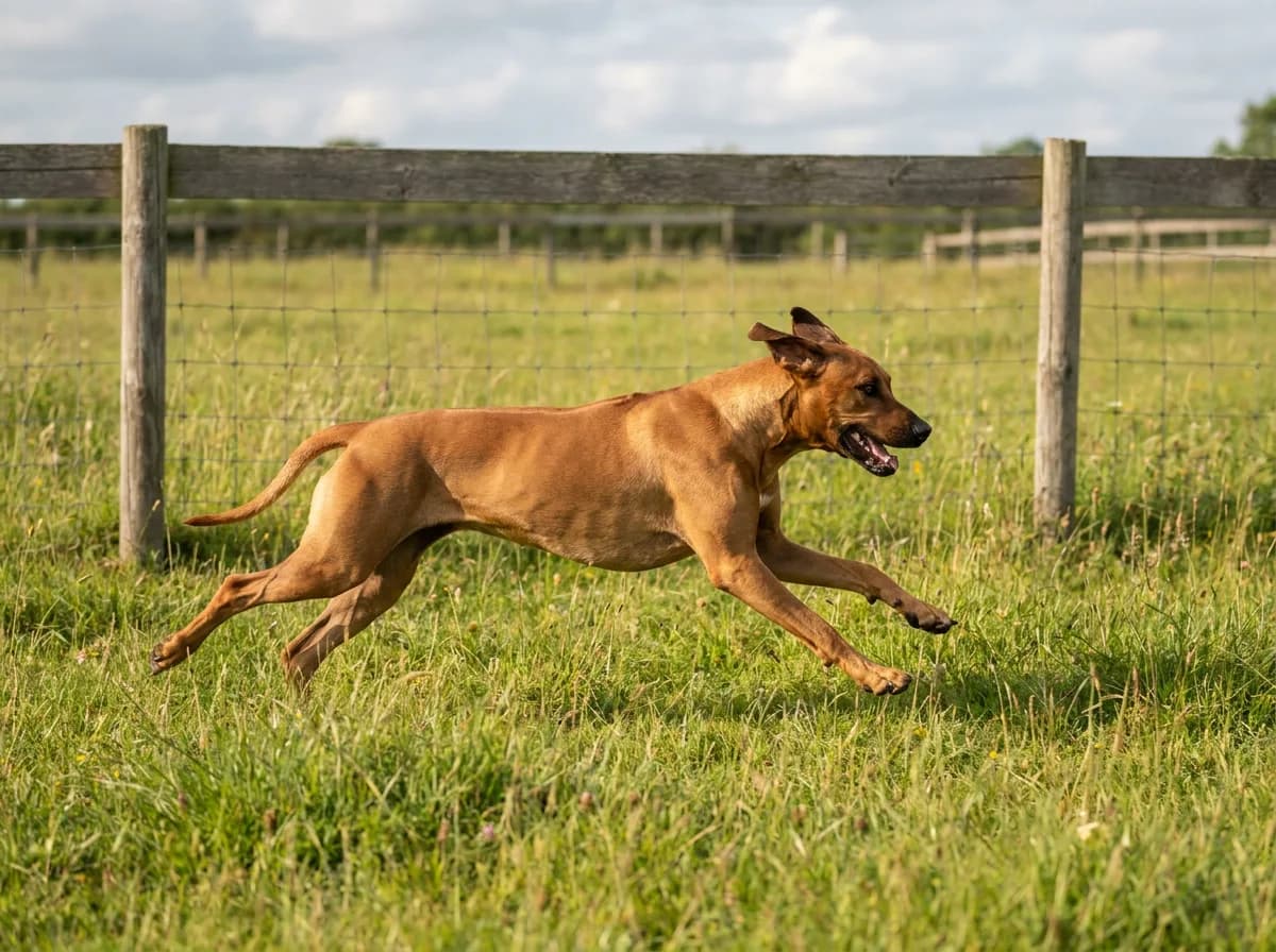 Rhodesian Ridgeback running across a securely fenced grassy field.