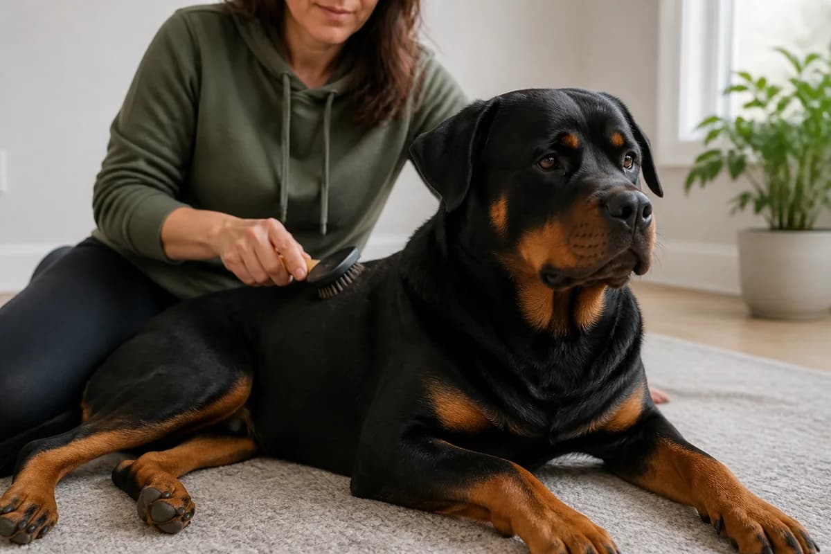 Owner gently brushing a relaxed short-coated Rottweiler with coat texture visible