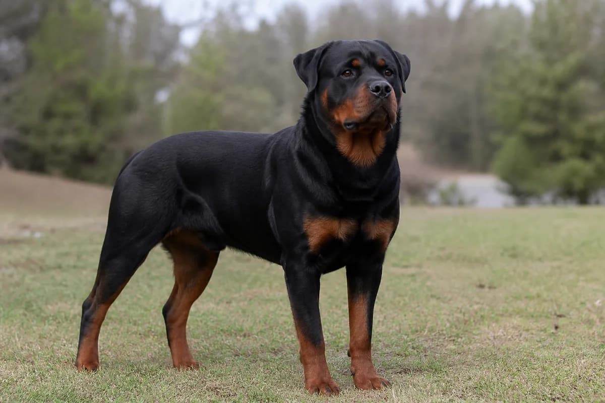 Adult Rottweiler with deeper mahogany markings in neutral daylight