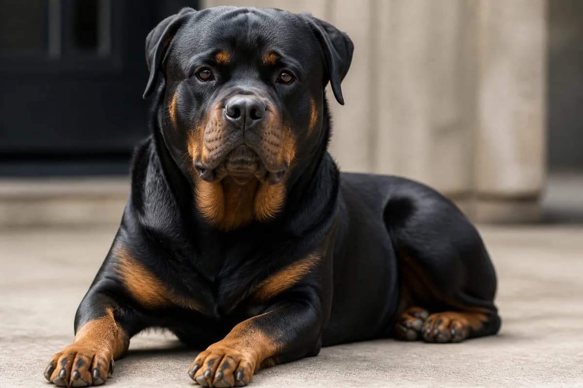 Natural close view of Rottweiler face, chest and legs showing standard marking placement