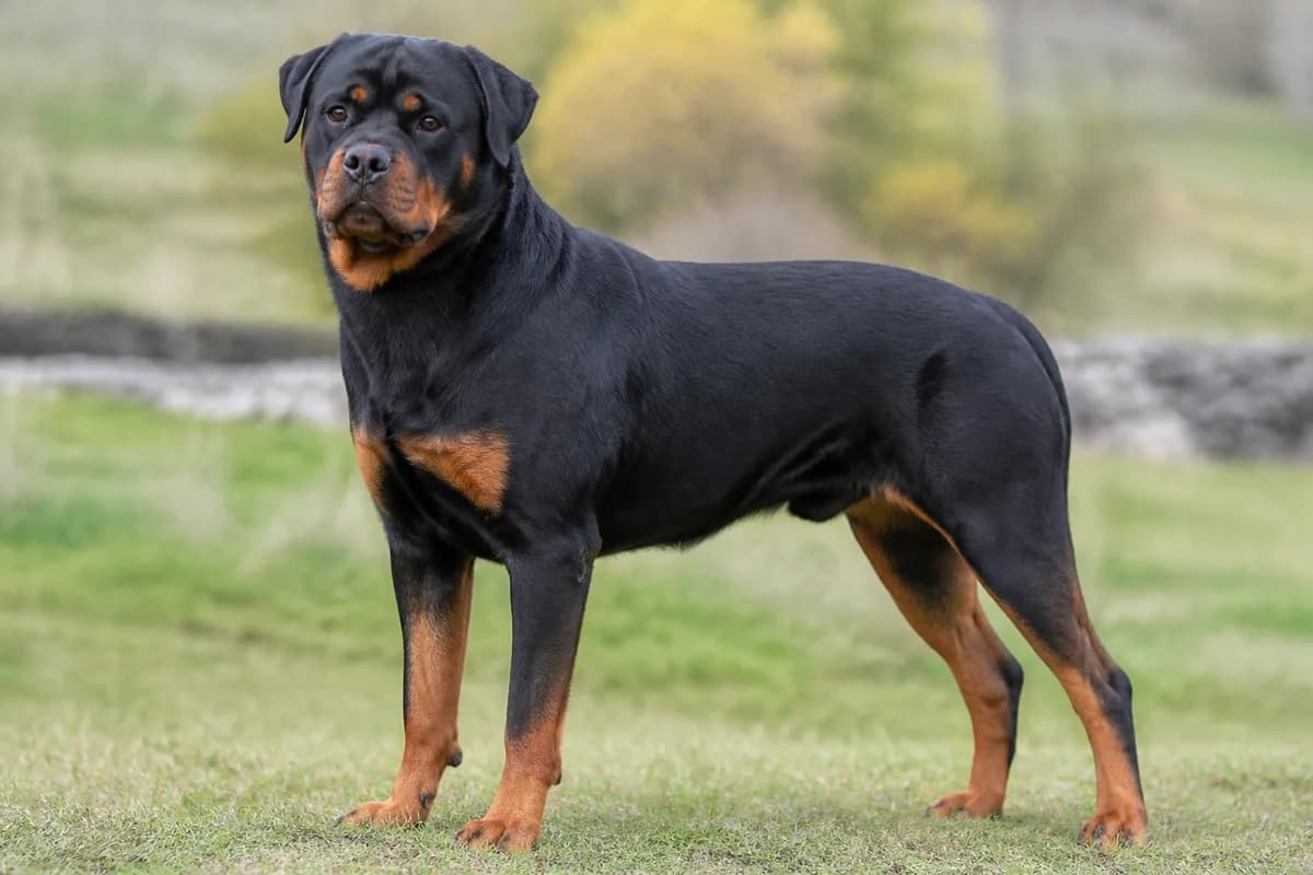 Adult black-and-tan Rottweiler in neutral daylight with full body visible