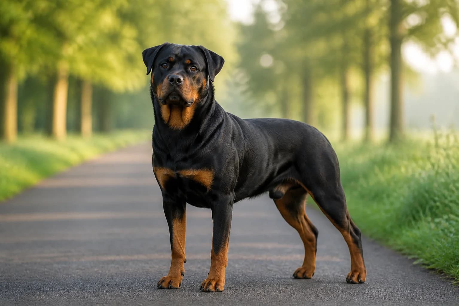 Adult natural-tailed Rottweiler standing calmly in a bright lived-in home with correct powerful working-dog proportions