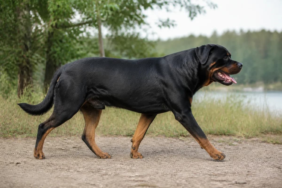 Adult Rottweiler walking naturally in full side profile with body proportions visible
