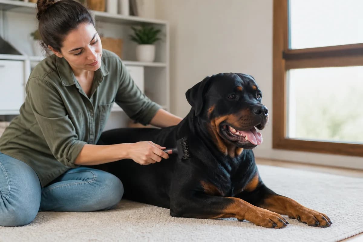 Owner gently brushing a relaxed short-coated Rottweiler