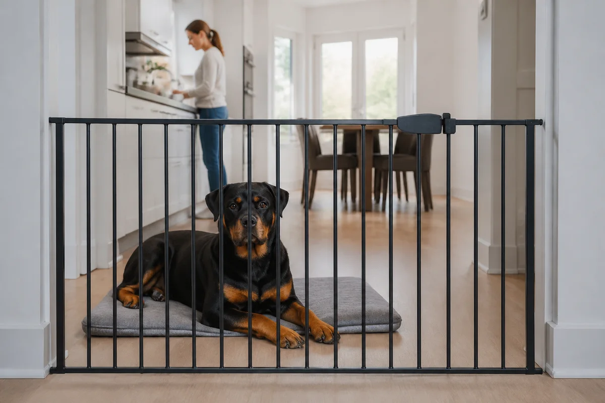 Rottweiler settled on a mat behind a secure gate during ordinary adult household activity