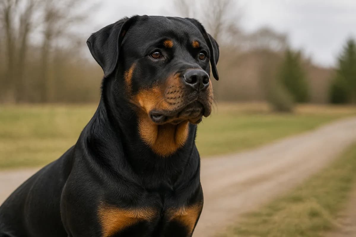 Adult Rottweiler in a natural three-quarter portrait showing black coat, rust markings and alert expression