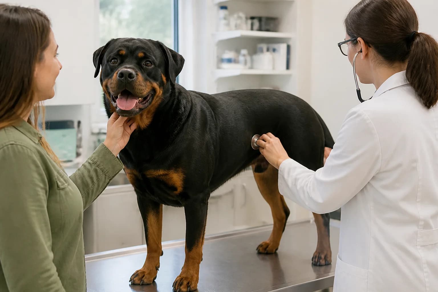 Adult natural-tailed Rottweiler calmly standing on a veterinary exam table with owner present