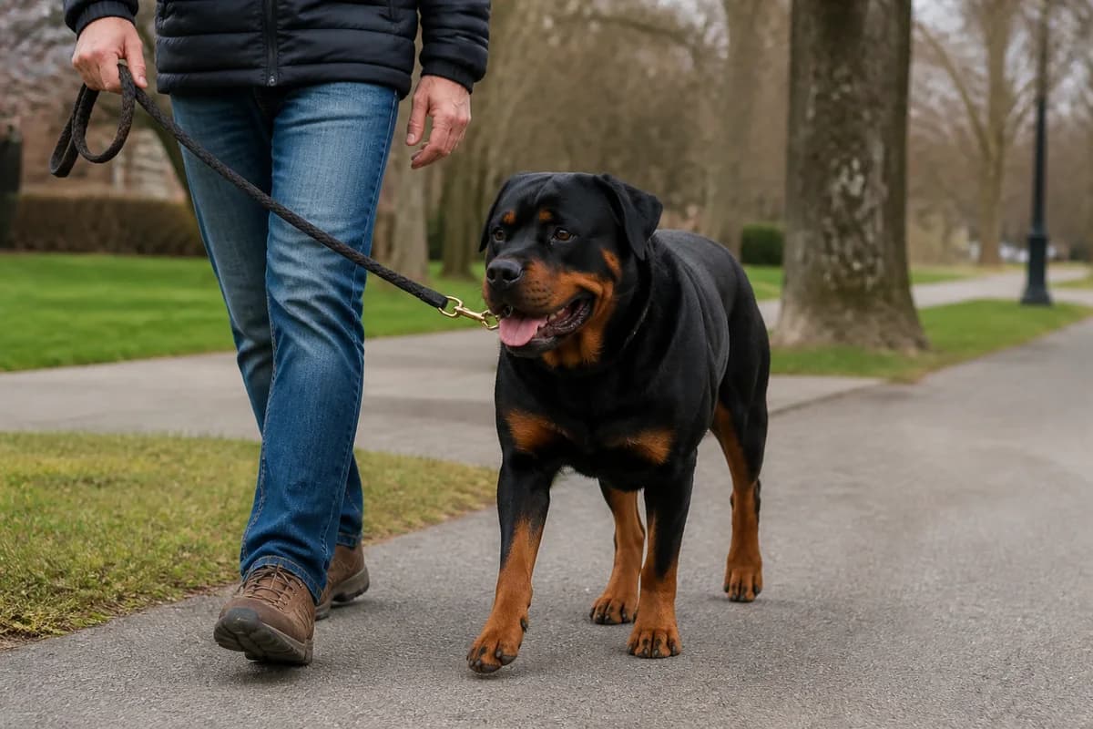 Mature Rottweiler walking comfortably on level ground beside an owner
