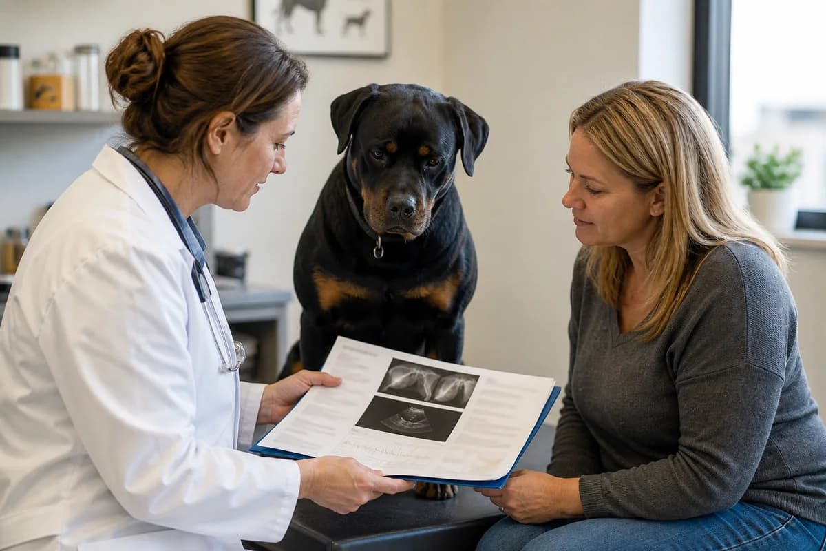 Veterinarian and owner reviewing hip, elbow, eye and heart screening records with private details obscured