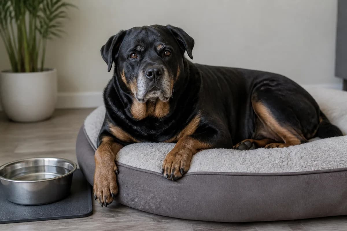 Senior Rottweiler resting on a supportive large bed near accessible water