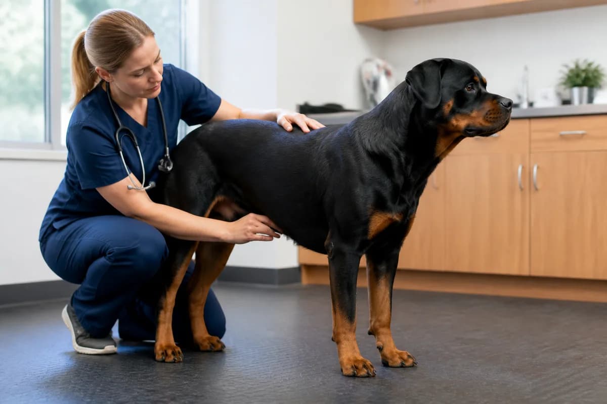 Veterinarian assessing a Rottweiler body condition from the side and above