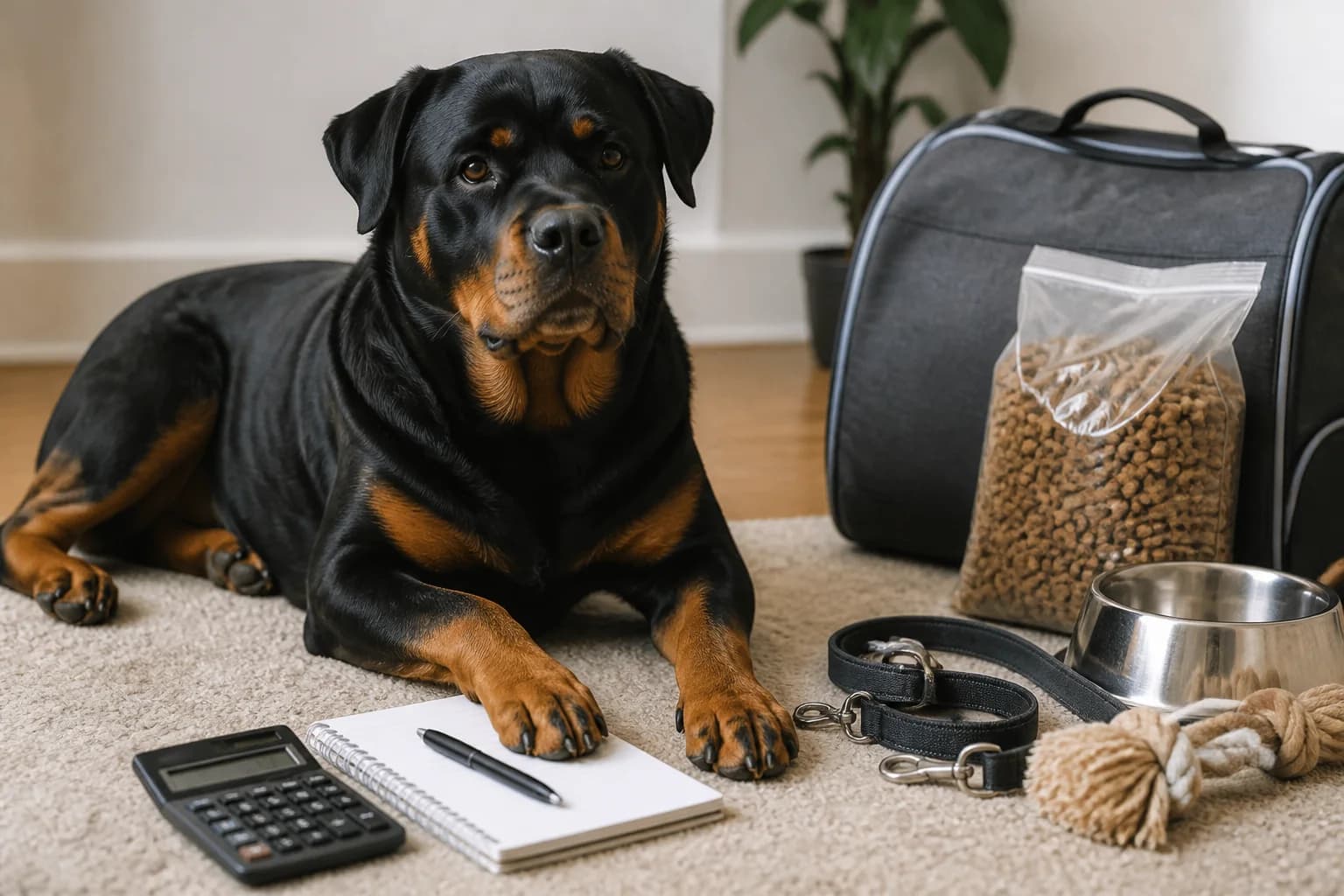Adult natural-tailed Rottweiler beside a household budget notebook and large-dog supplies without visible brand logos