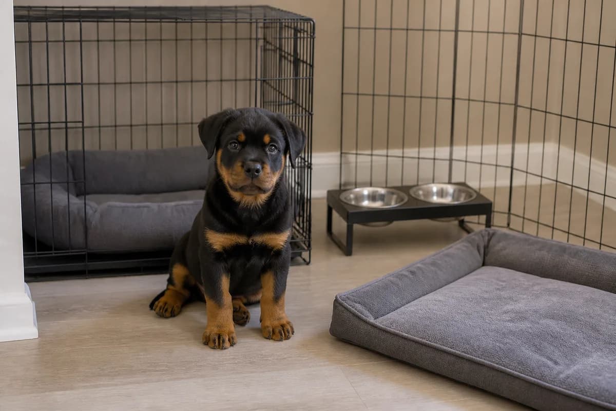 Rottweiler puppy near a realistic crate, playpen, feeder and durable bed setup