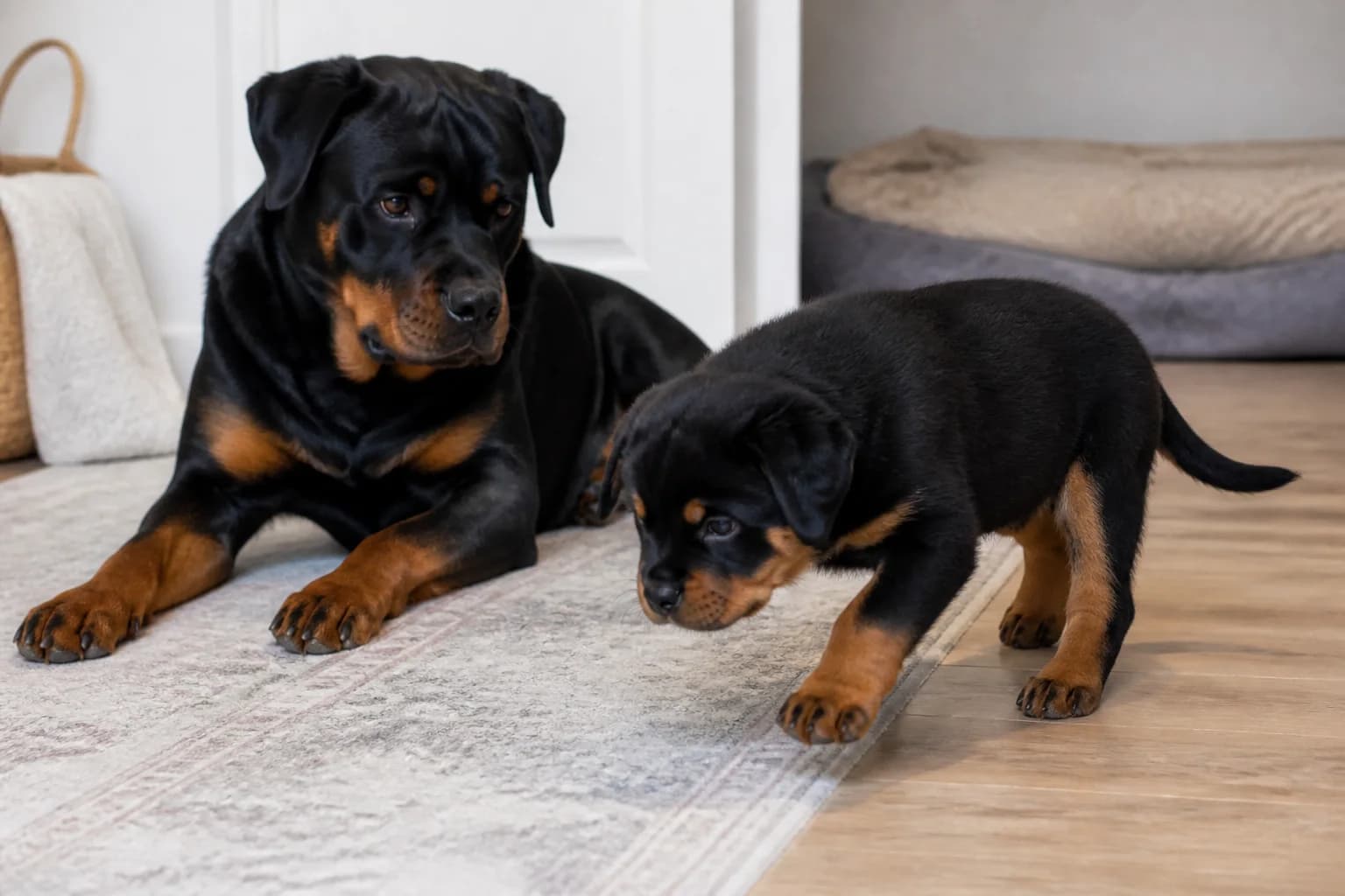 Healthy natural-tailed Rottweiler puppy exploring a responsible home setting with its adult dam visible