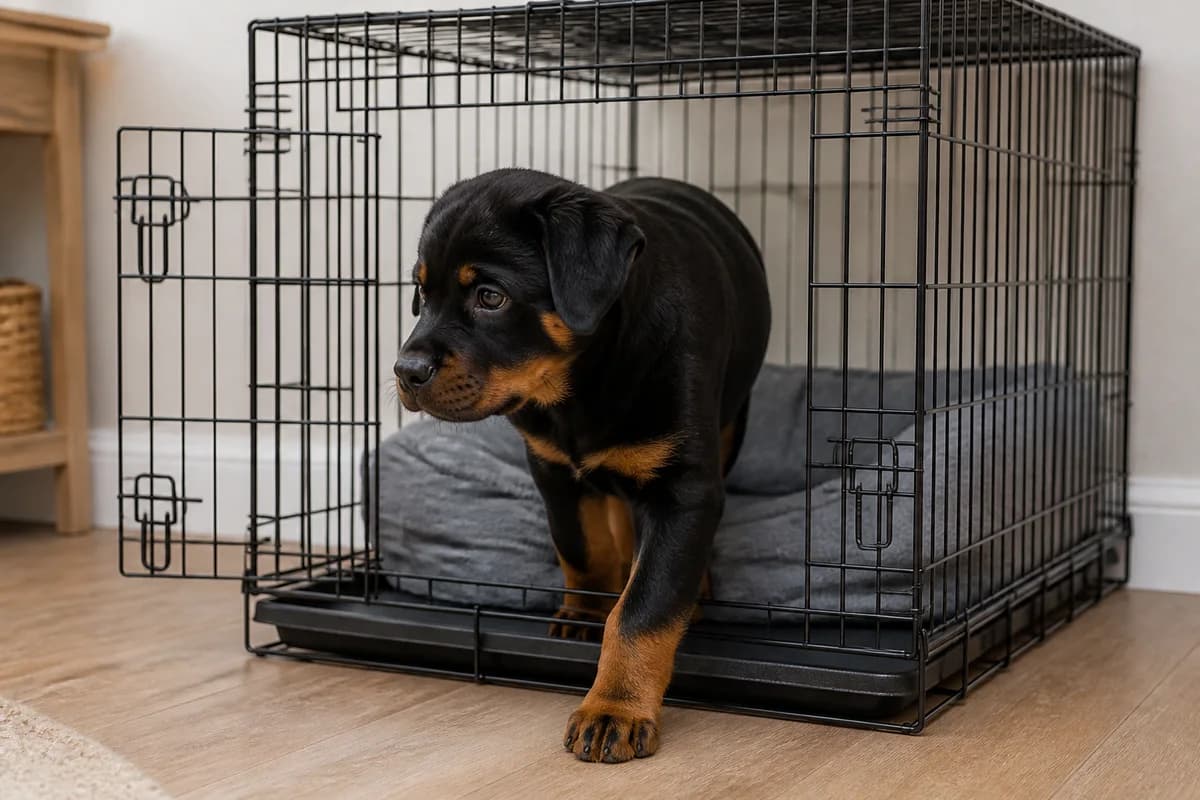 Rottweiler puppy calmly entering a secure correctly sized crate